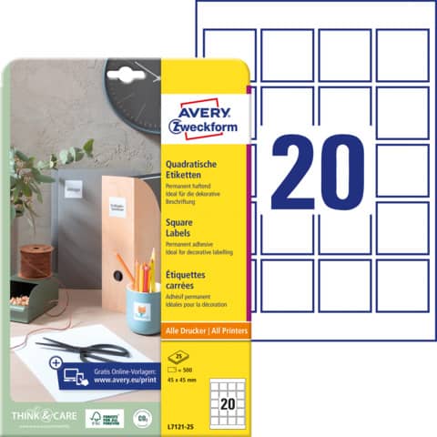 Etichette adesive Avery in carta bianca coprente per stampa QR code 20 et/foglio 45x45 mm -conf. 25 fogli L7121-25